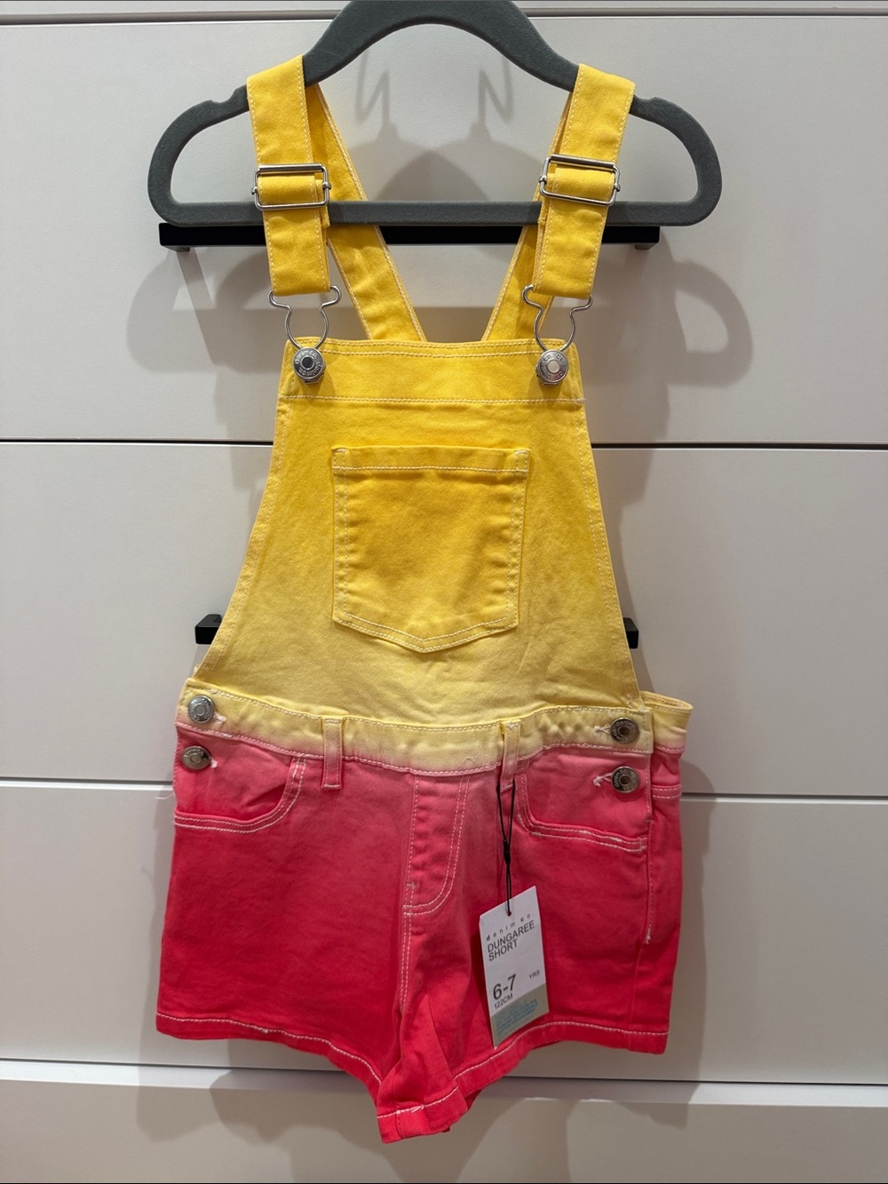 Denim&Co Yellow to Pink Ombre Girls' Denim Short Overalls